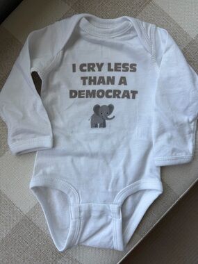 Baby One-Piece Bodysuit - “I cry less than a democrat” with Gray Elephant